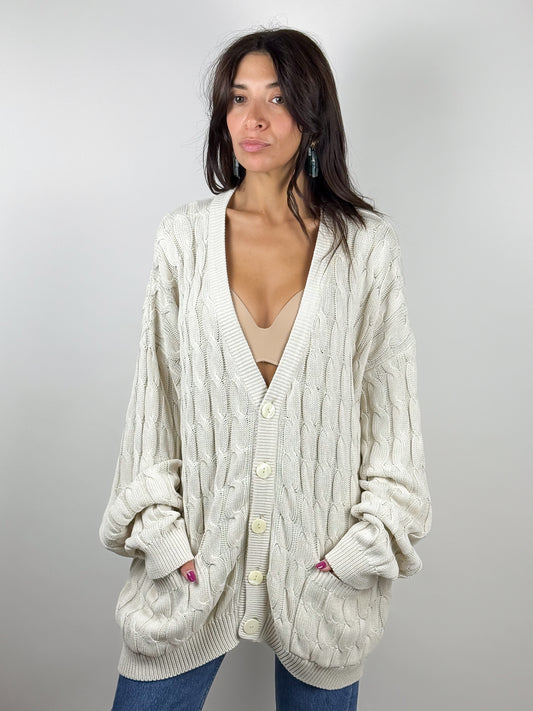 Cardigan vintage in cotone beige con trecce