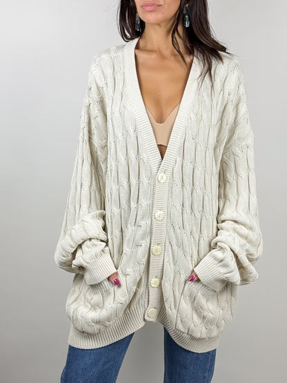 Cardigan vintage in cotone beige con trecce