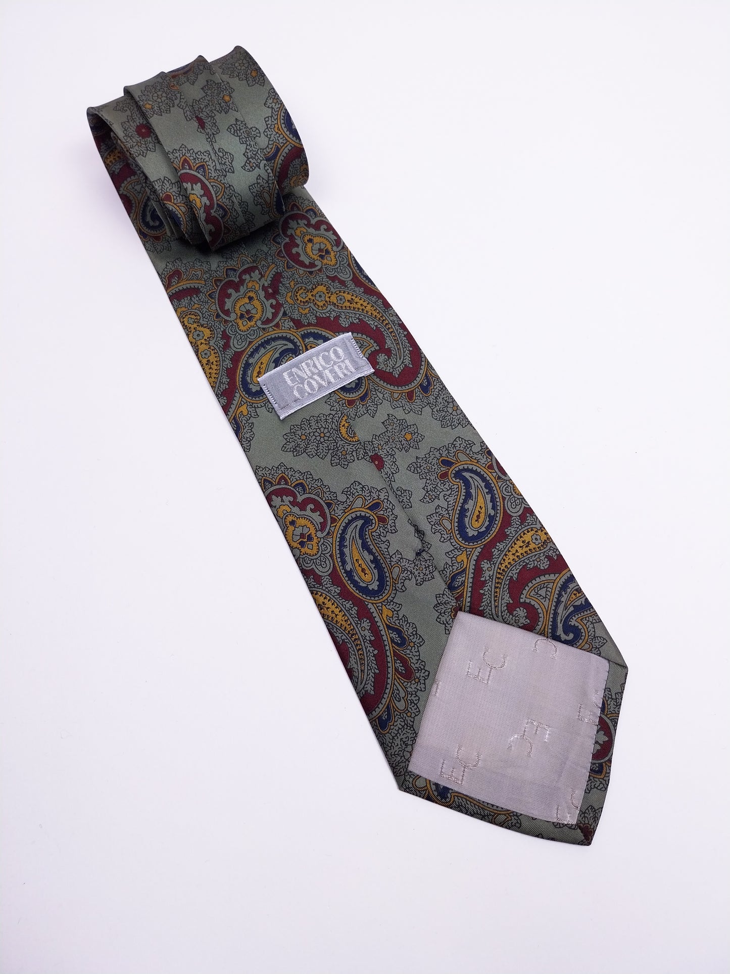 Cravatta Vintage Enrico Coveri Seta Paisley Verde Militare Made in Italy Anni '90