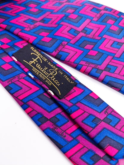 Cravatta Vintage Emilio Pucci Seta Geometrica Fucsia Blu Viola Anni '90