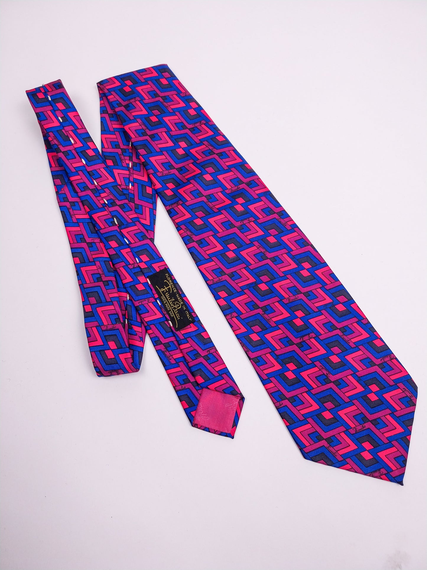Cravatta Vintage Emilio Pucci Seta Geometrica Fucsia Blu Viola Anni '90