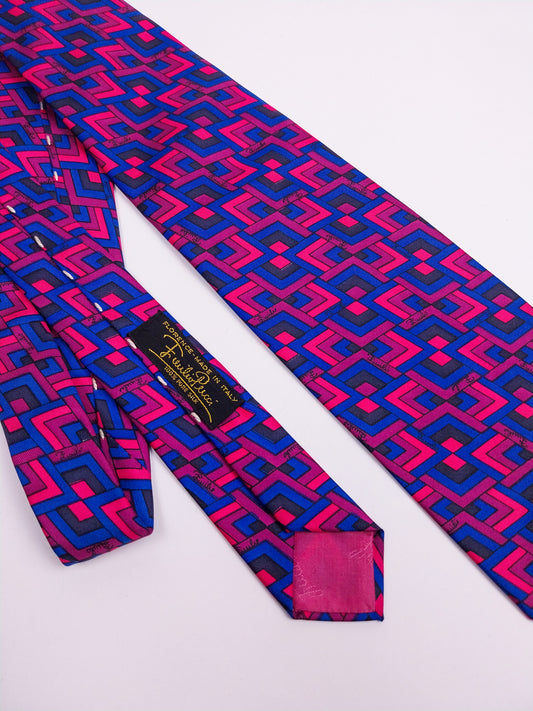 Cravatta Vintage Emilio Pucci Seta Geometrica Fucsia Blu Viola Anni '90