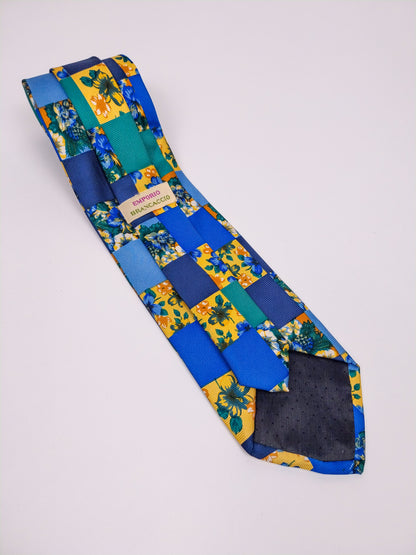 Cravatta Vintage Seta Made in Italy Quadri Floreali Verde Giallo Blu Anni '90