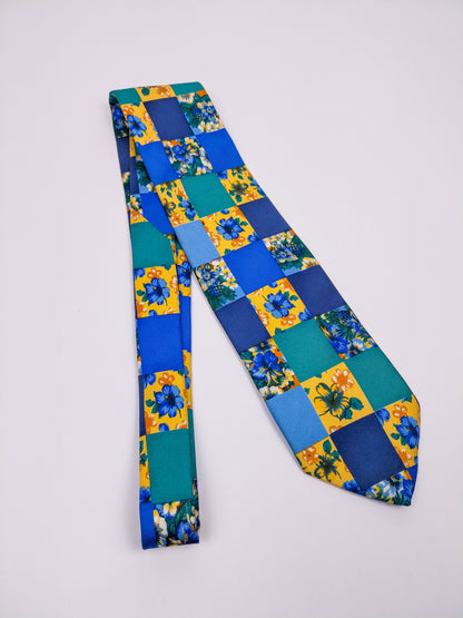 Cravatta Vintage Seta Made in Italy Quadri Floreali Verde Giallo Blu Anni '90
