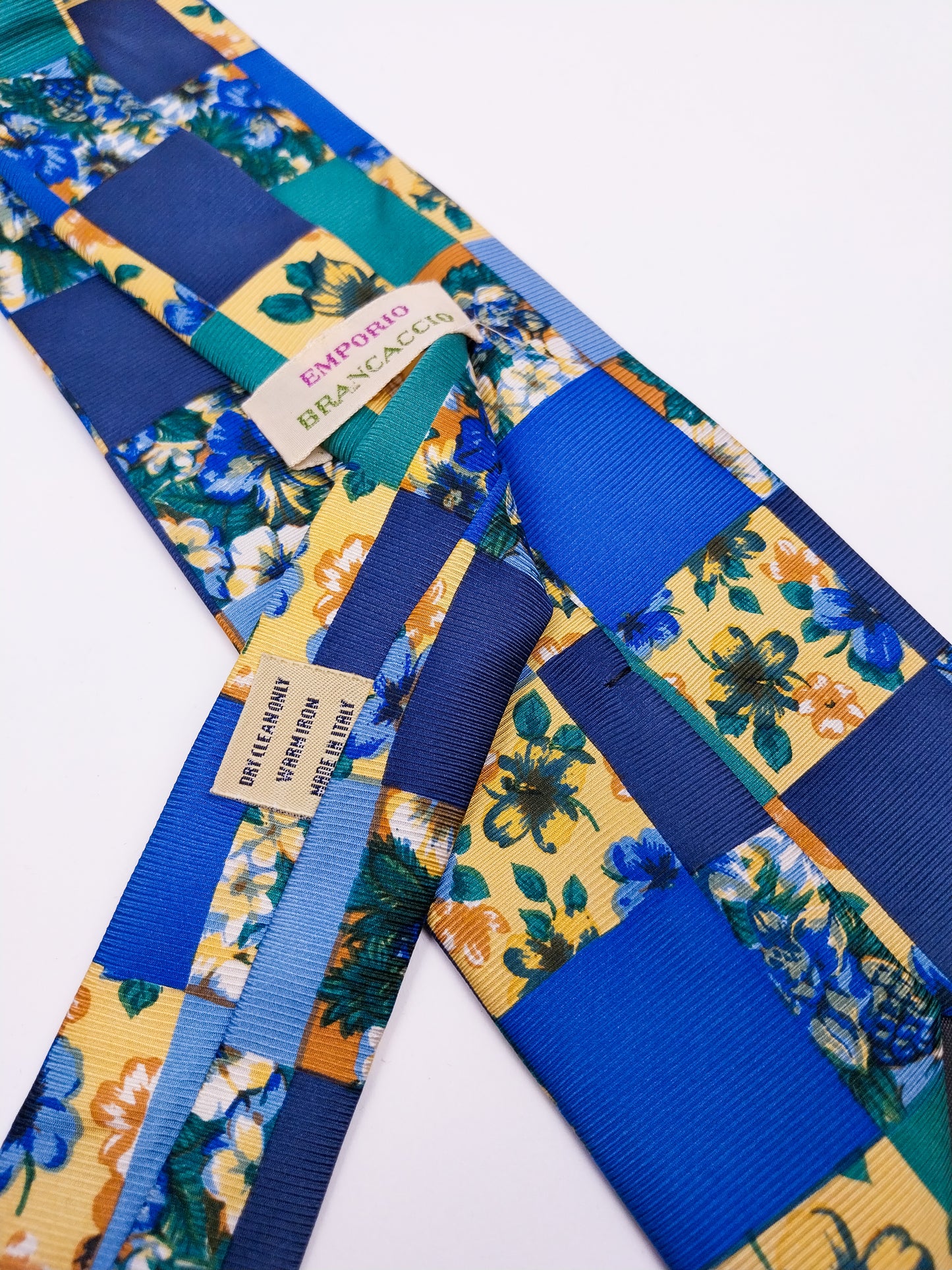 Cravatta Vintage Seta Made in Italy Quadri Floreali Verde Giallo Blu Anni '90
