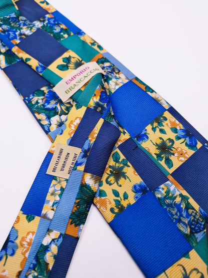 Cravatta Vintage Seta Made in Italy Quadri Floreali Verde Giallo Blu Anni '90