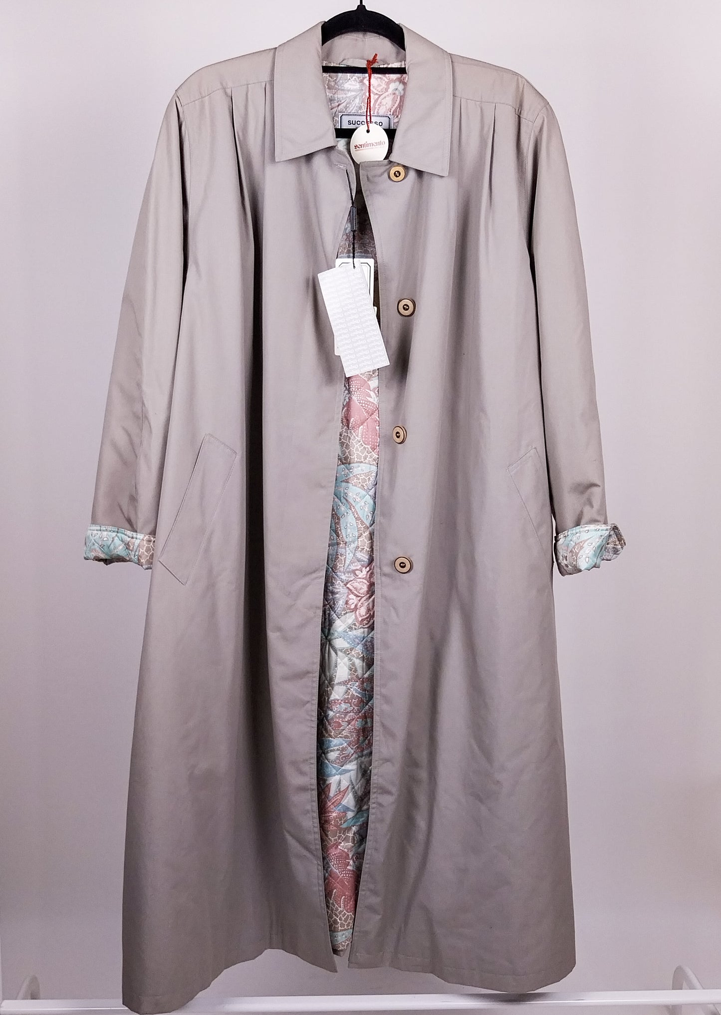 Trench Vintage Lungo Grigio/Beige con Fodera Trapuntata - Made in Italy