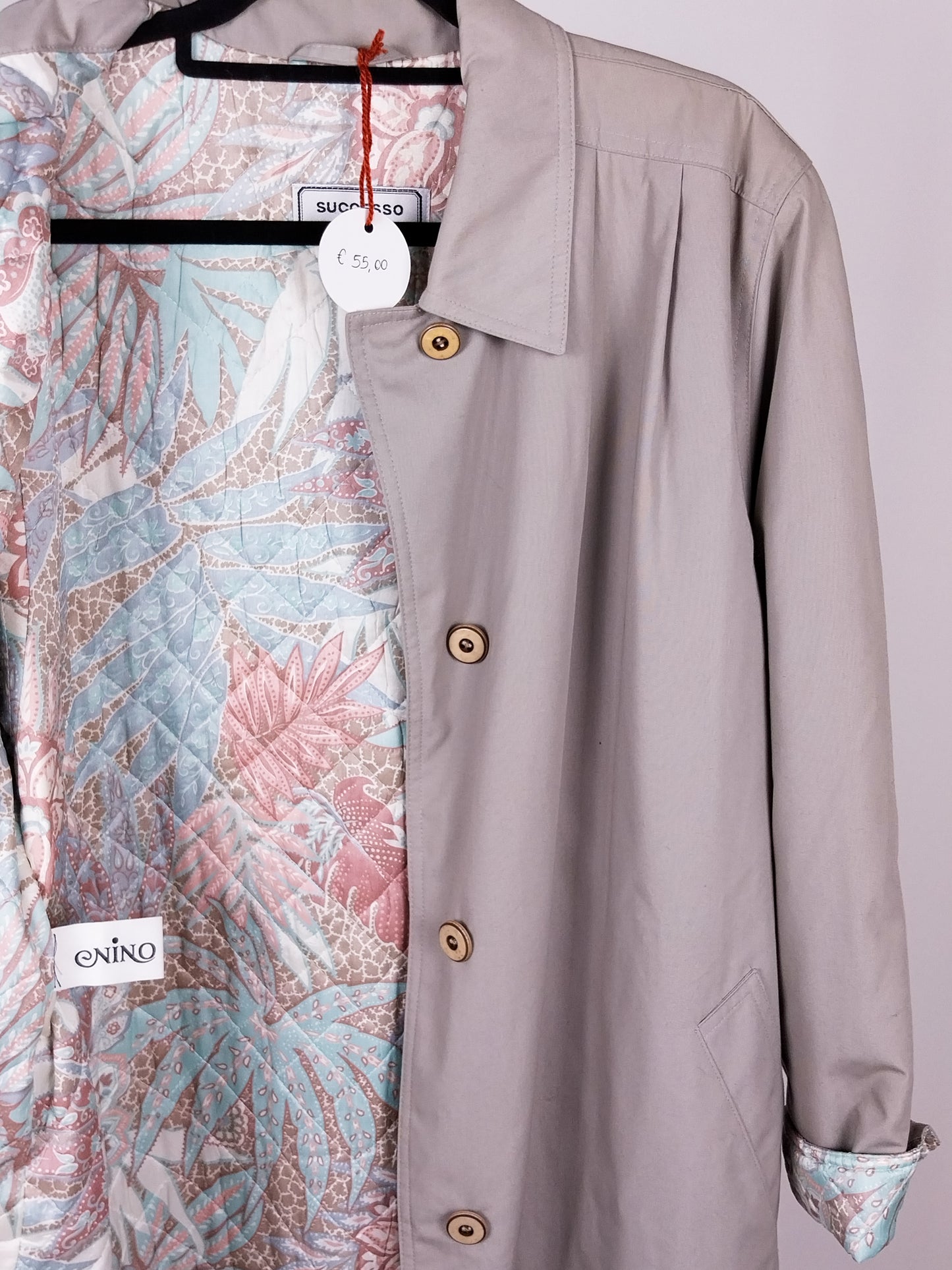 Trench Vintage Lungo Grigio/Beige con Fodera Trapuntata - Made in Italy