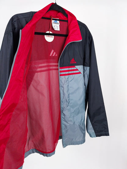 Giacca Vintage Adidas Windbreaker Nero/Grigio con Interno Rosso – Taglia M