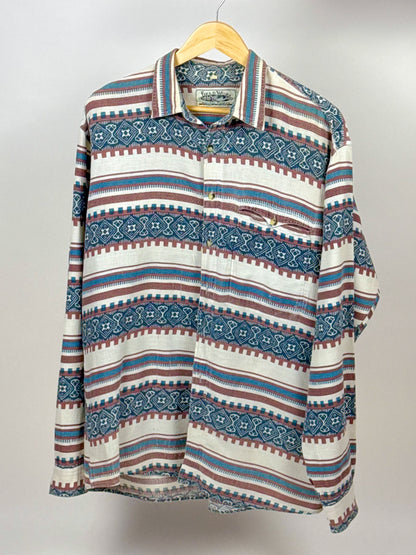 Camicia vintage anni '90 fantasia azteca – Beige, celeste e marrone