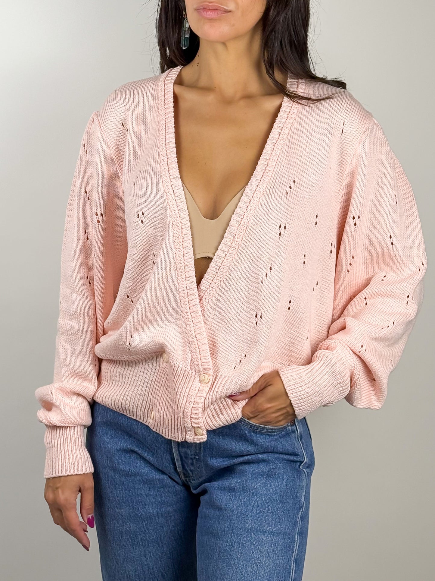 Cardigan Vintage Cotone Rosa a Incrocio Maniche a Sbuffo Made in UK