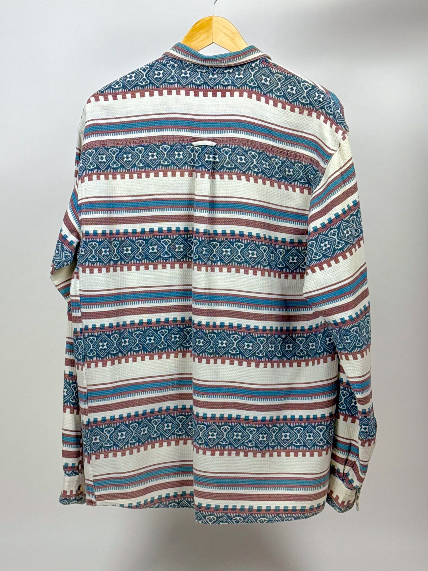 Camicia vintage anni '90 fantasia azteca – Beige, celeste e marrone