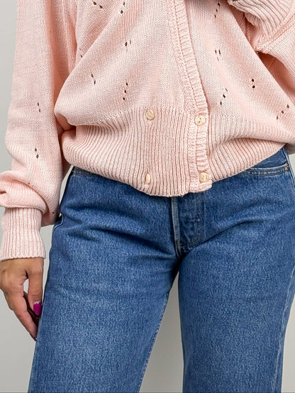 Cardigan Vintage Cotone Rosa a Incrocio Maniche a Sbuffo Made in UK