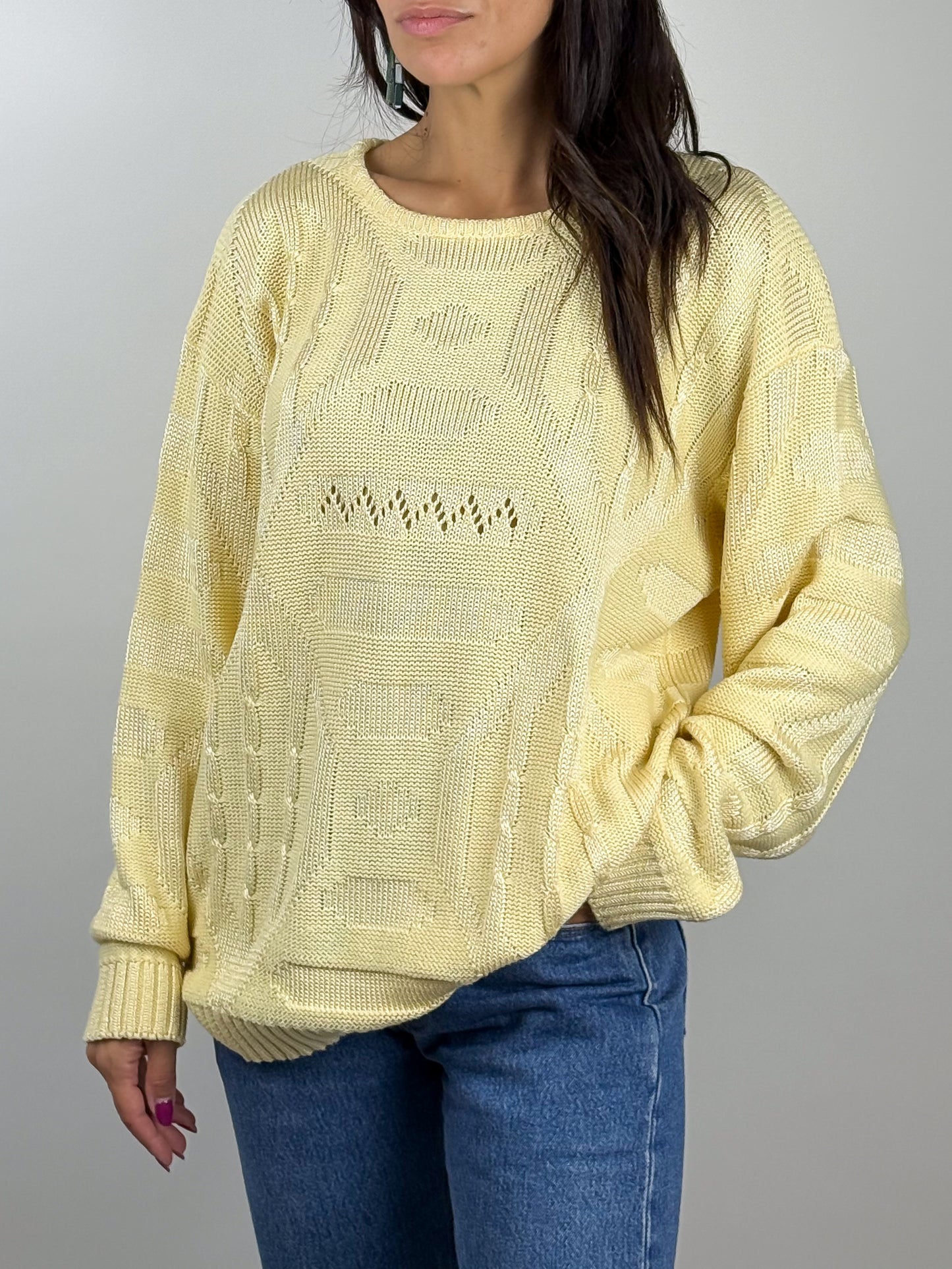 Maglioncino Giallo Cotone Vintage Lavorazione Traforata con Trecce