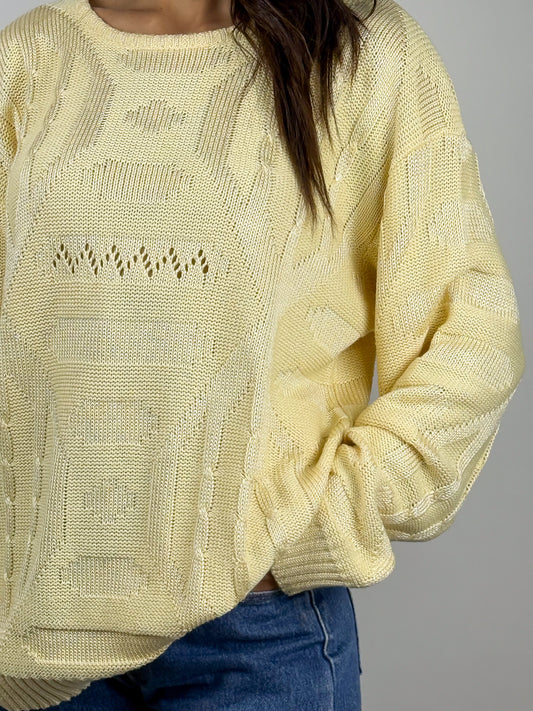 Maglioncino Giallo Cotone Vintage Lavorazione Traforata con Trecce