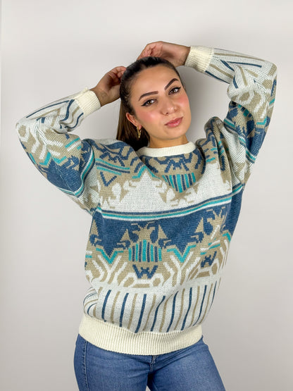 Maglione Vintage Panna Motivo Geometrico Azteco Anni '90