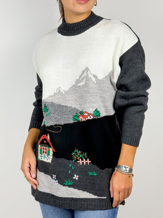 Maglione Lana Vintage Anni '80 con Paesaggio Grigio