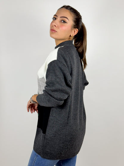 Maglione Lana Vintage Anni '80 con Paesaggio Grigio