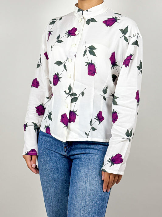 Camicia Vintage Bianca con Rose Viola - Elegante Blusa in Viscosa 100%