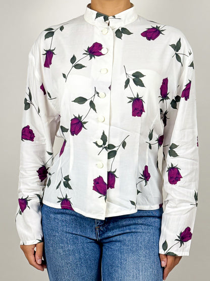 Camicia Vintage Bianca con Rose Viola - Elegante Blusa in Viscosa 100%