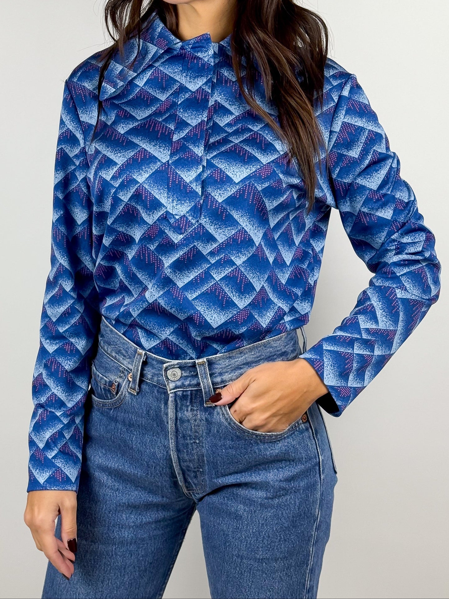 Maglia Vintage Donna Anni '70 Fantasia Geometrica Blu e Rosa