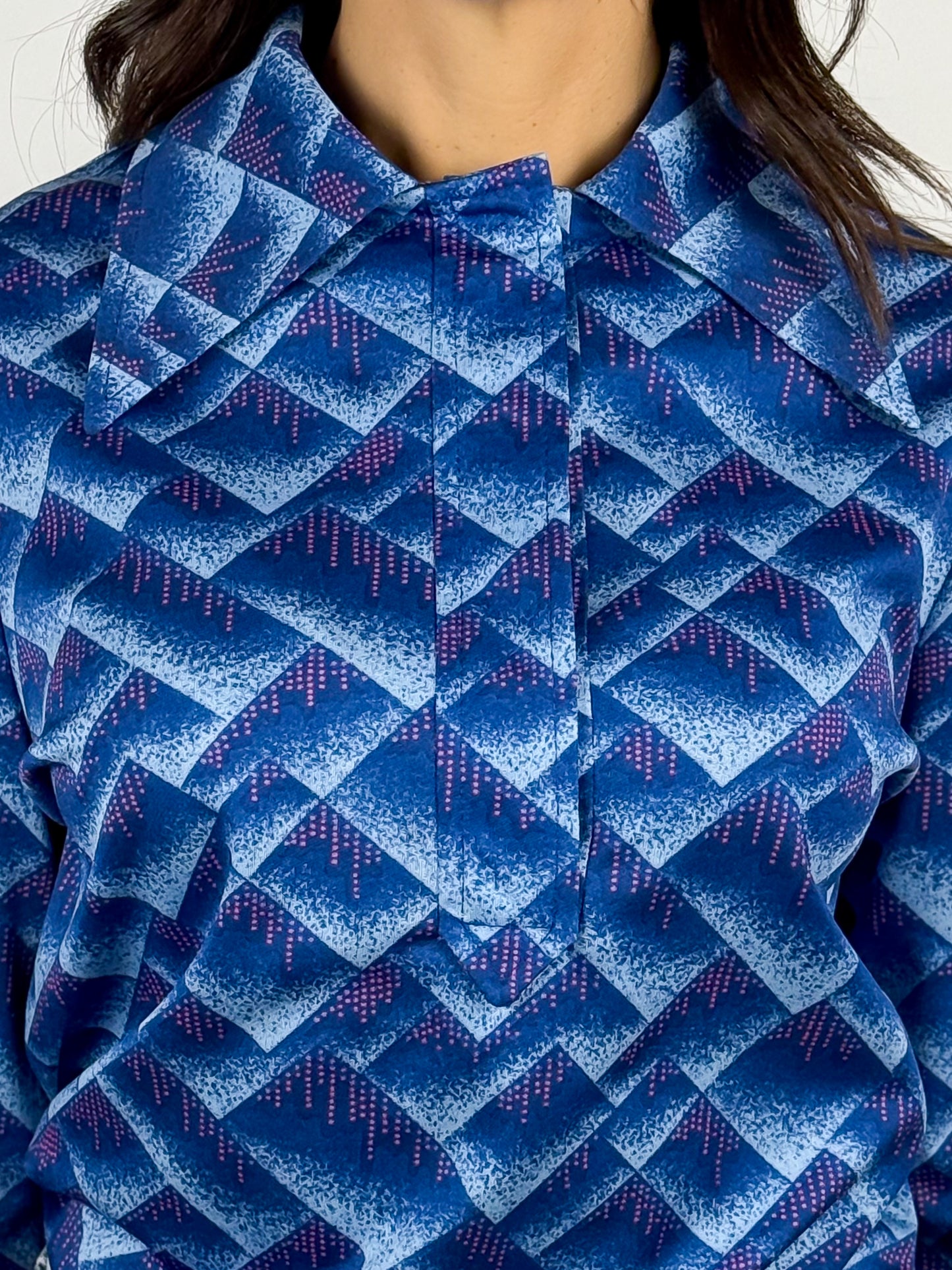 Maglia Vintage Donna Anni '70 Fantasia Geometrica Blu e Rosa