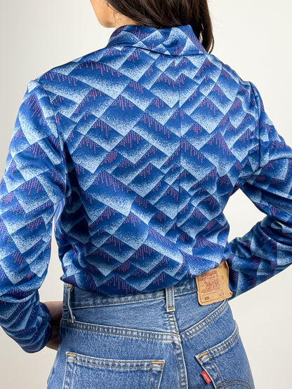 Maglia Vintage Donna Anni '70 Fantasia Geometrica Blu e Rosa
