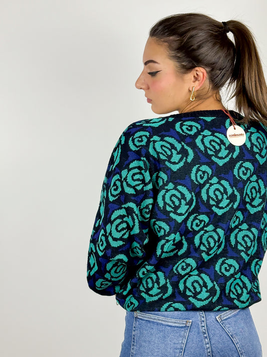 Maglioncino Vintage Blu con Rose Maniche a Pipistrello Anni '80-'90