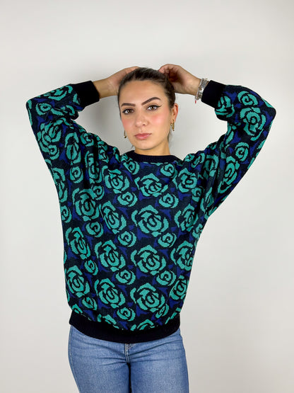 Maglioncino Vintage Blu con Rose Maniche a Pipistrello Anni '80-'90