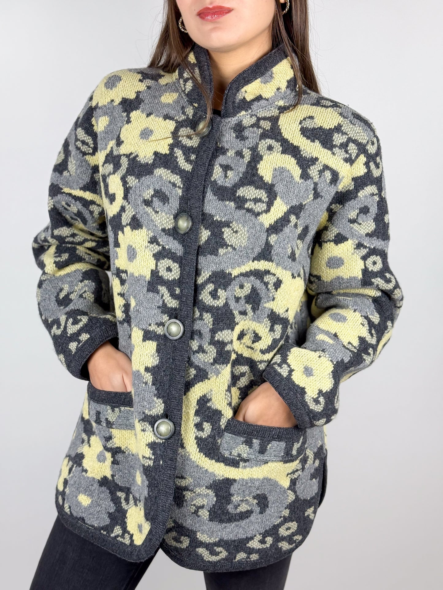 Cardigan Vintage Lana Vergine Grigio Donna Made in Italy