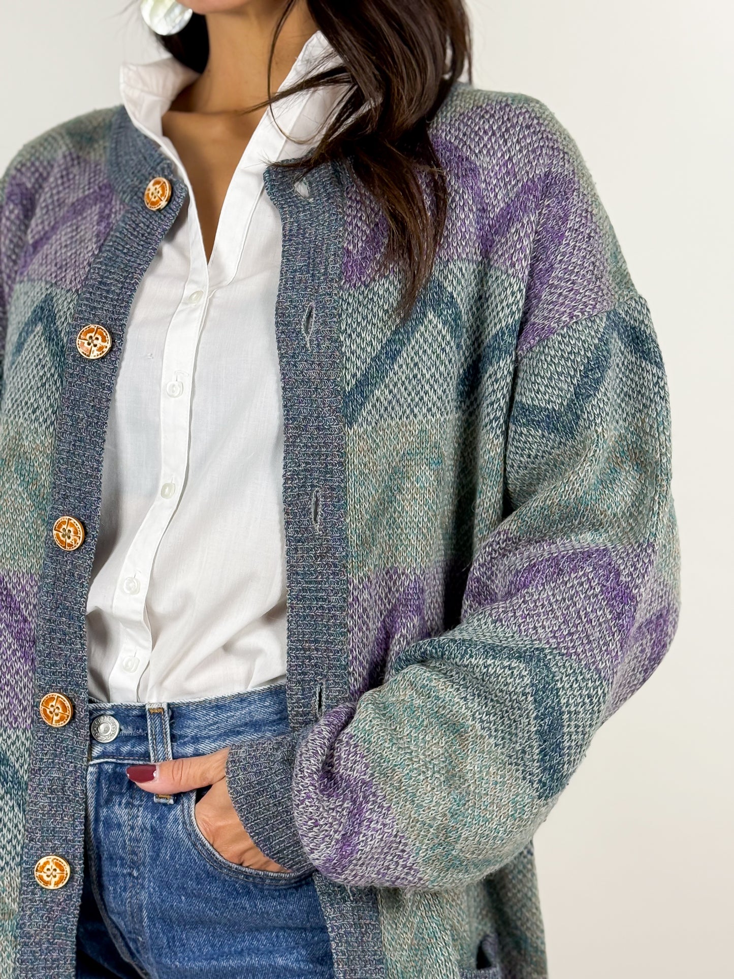 Cardigan vintage in lana con motivo geometrico - made in Italy