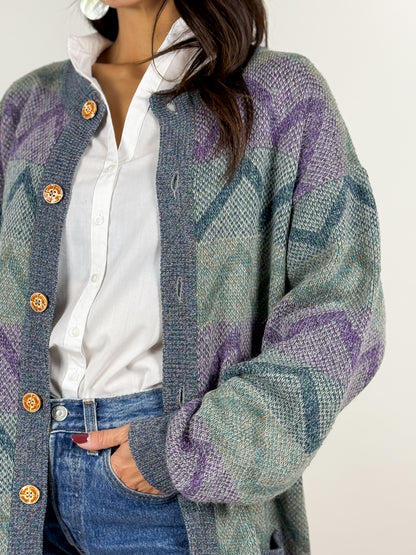Cardigan vintage in lana con motivo geometrico - made in Italy