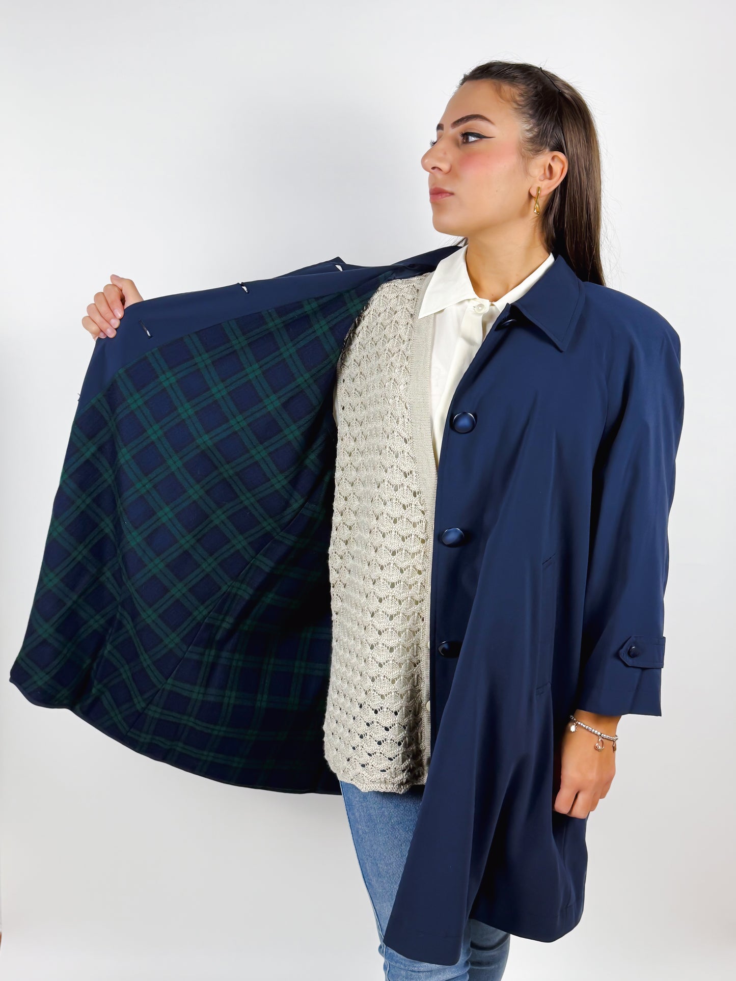 Trench Vintage Cotone Blu Manica 3/4 Interno Lana Made in Italy