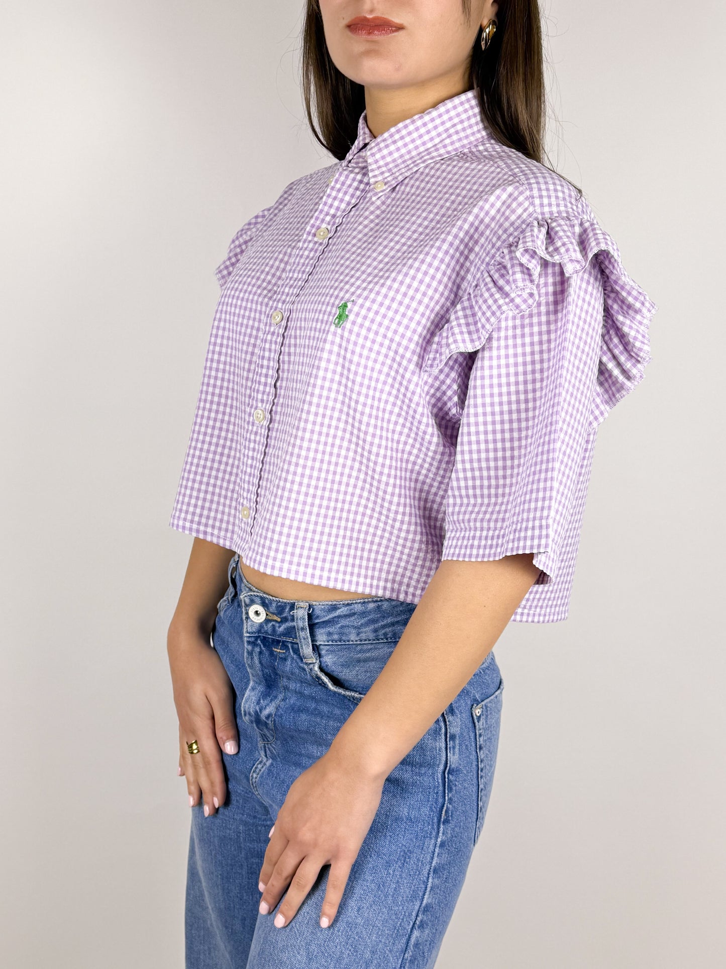 Camicia Cropped Vintage Ralph Lauren Vichy Lilla con Volant