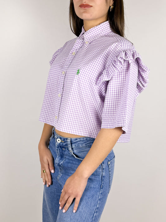 Camicia Cropped Vintage Ralph Lauren Vichy Lilla con Volant