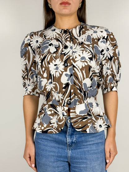 Blusa Vintage Floreale con Maniche a Sbuffo