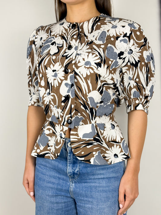 Blusa Vintage Floreale con Maniche a Sbuffo