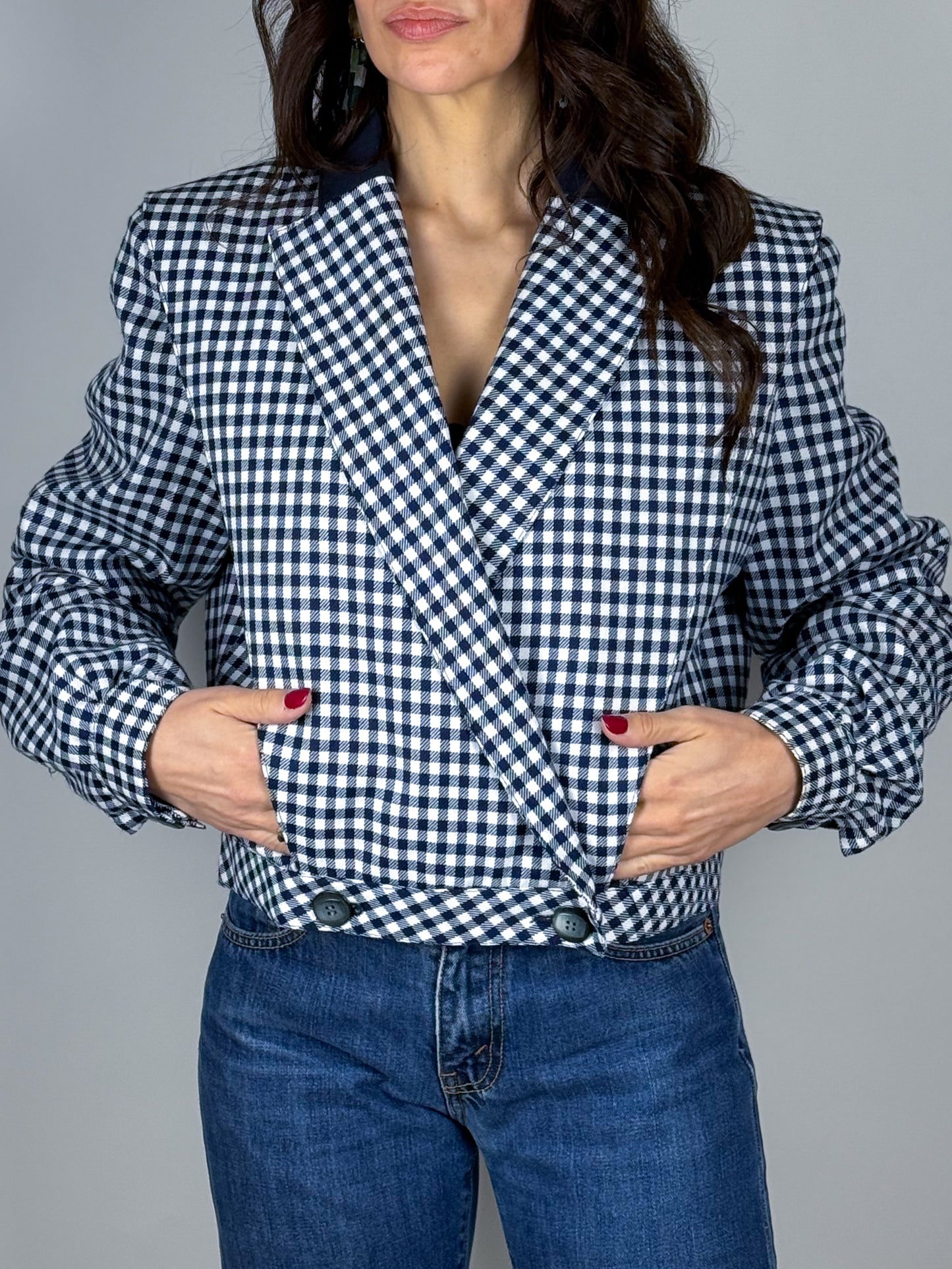 Giacca corta vintage donna vichy blu/bianco anni ’90