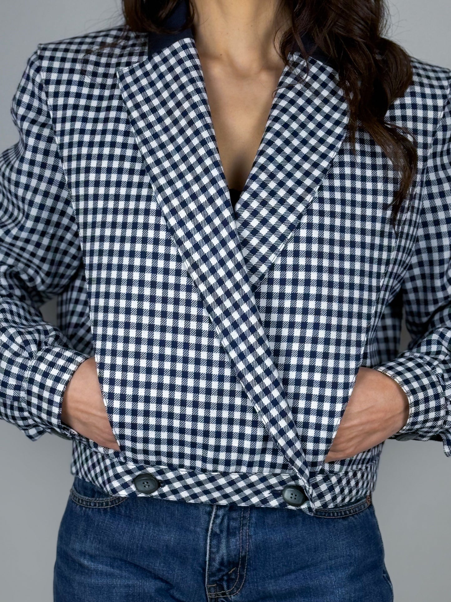 Giacca corta vintage donna vichy blu/bianco anni ’90