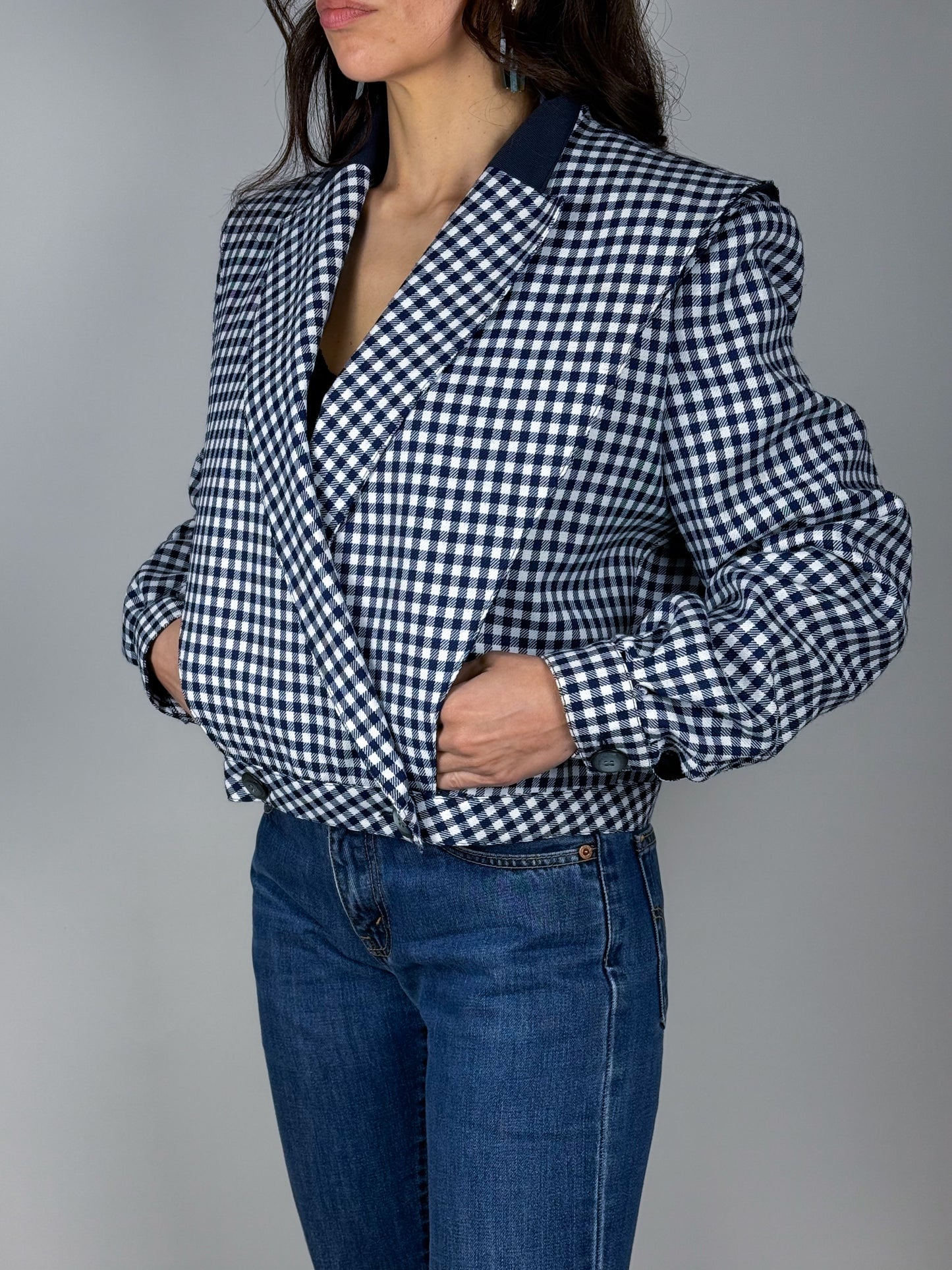 Giacca corta vintage donna vichy blu/bianco anni ’90