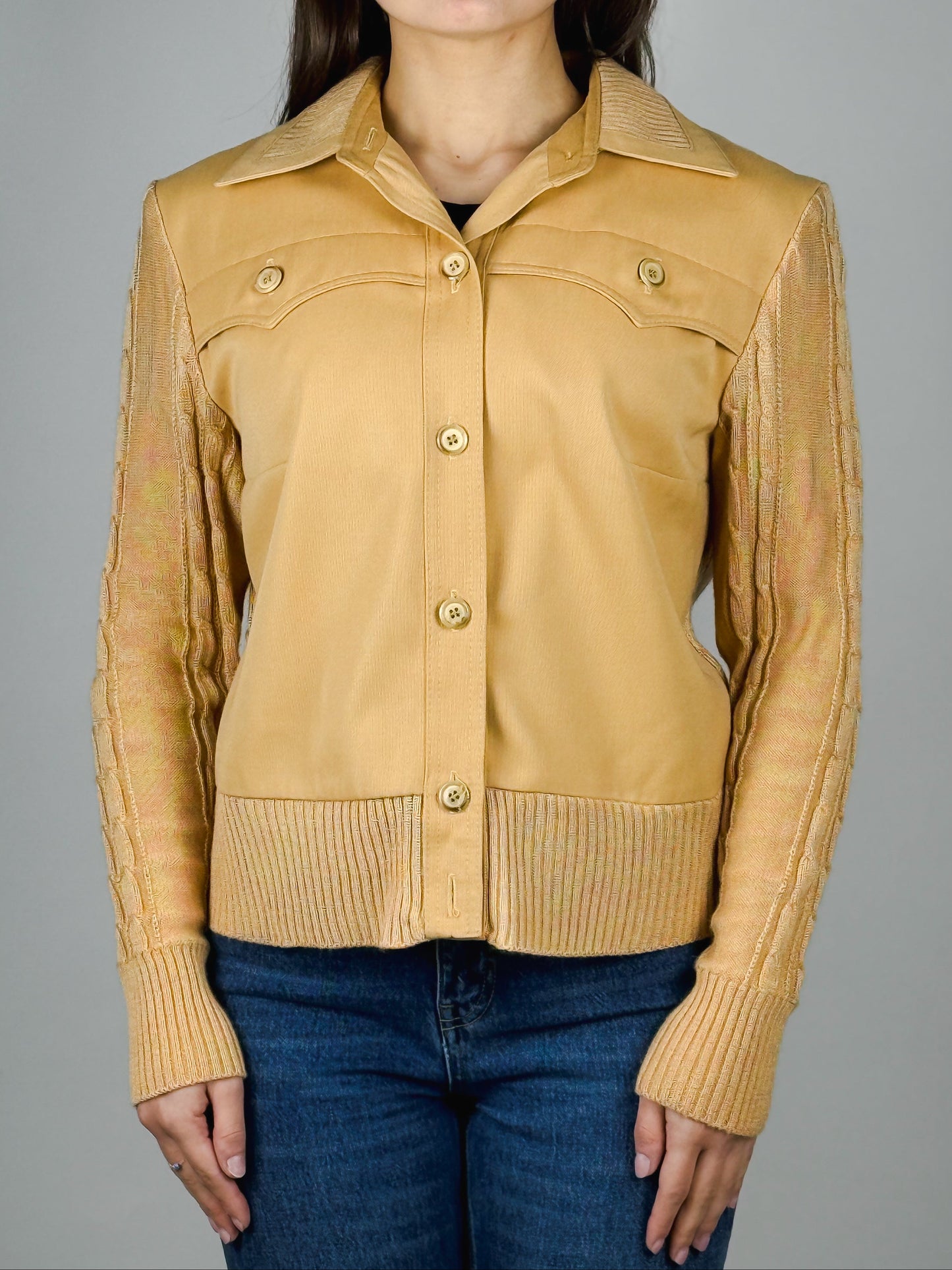 Giacca vintage beige in maglia e tessuto con bottoni – anni ’70/’80
