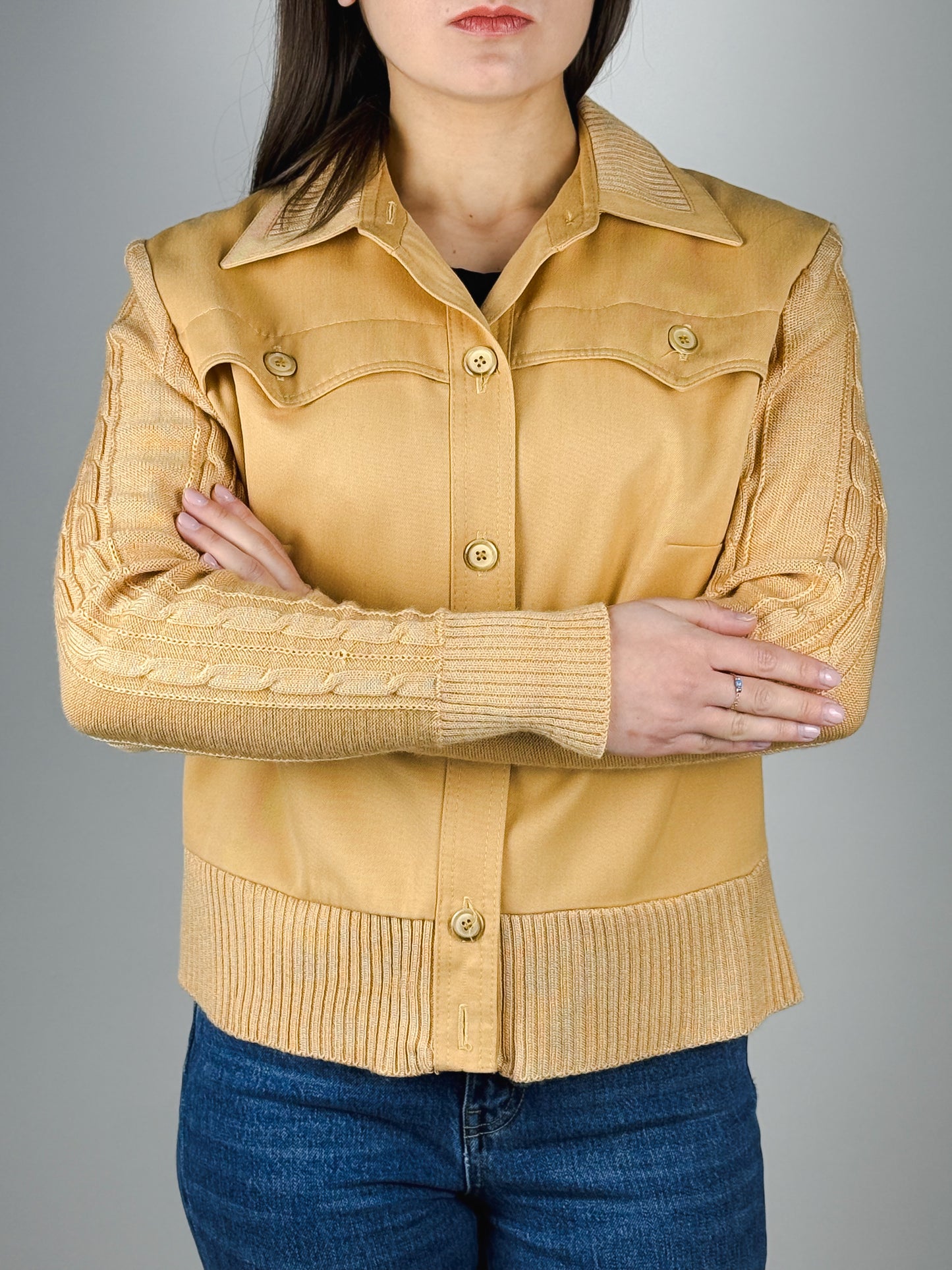 Giacca vintage beige in maglia e tessuto con bottoni – anni ’70/’80