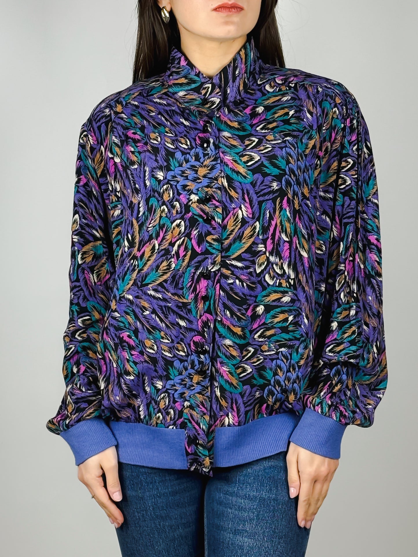 Camicia Vintage Anni '80 a Fantasia Astratta in Viscosa | Viola, Blu e Verde