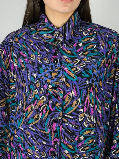 Camicia Vintage Anni '80 a Fantasia Astratta in Viscosa | Viola, Blu e Verde