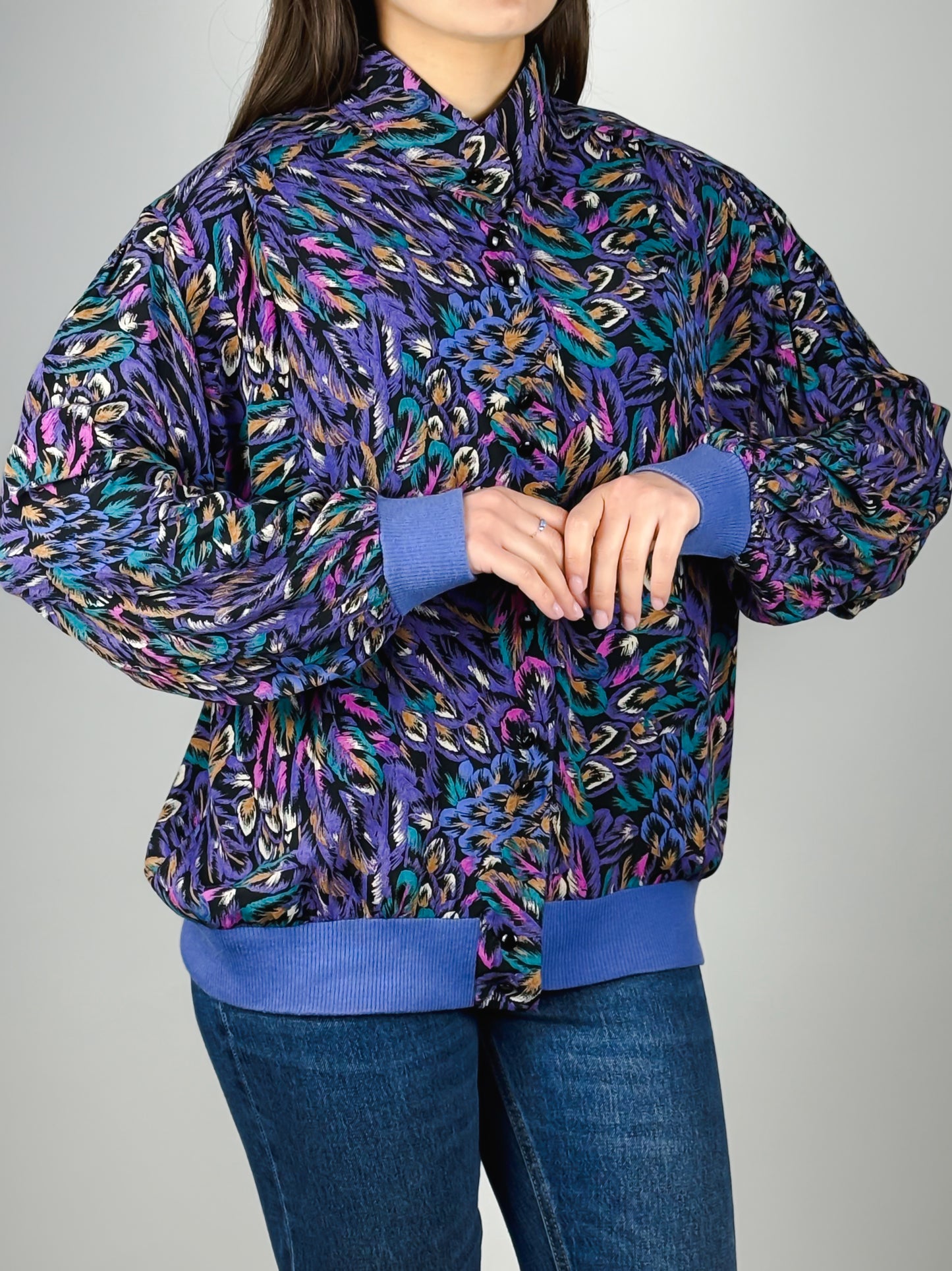 Camicia Vintage Anni '80 a Fantasia Astratta in Viscosa | Viola, Blu e Verde