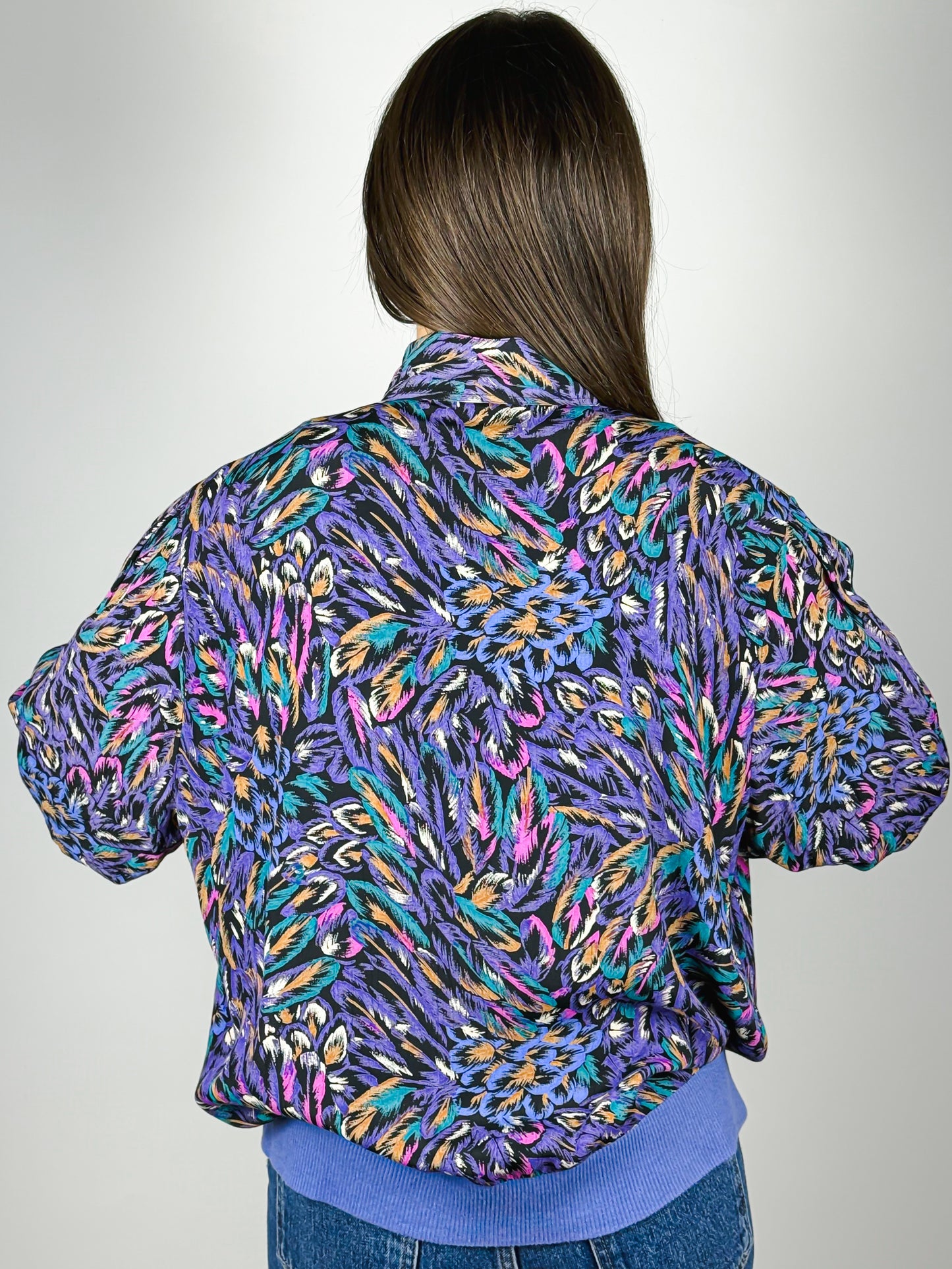 Camicia Vintage Anni '80 a Fantasia Astratta in Viscosa | Viola, Blu e Verde