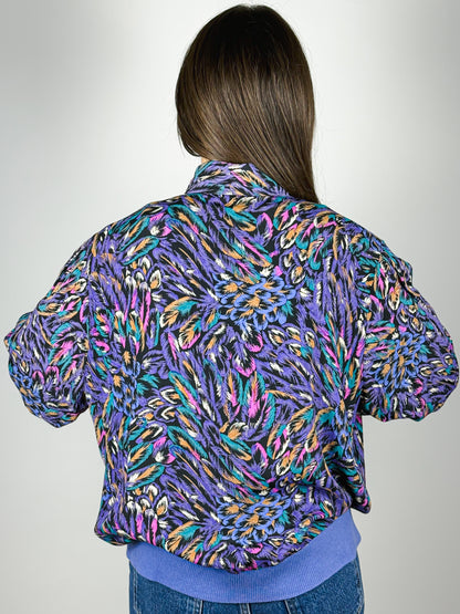 Camicia Vintage Anni '80 a Fantasia Astratta in Viscosa | Viola, Blu e Verde