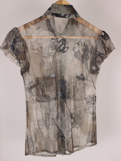 Camicia Vintage Trasparente con Stampa Floreale Grigia - Y2K