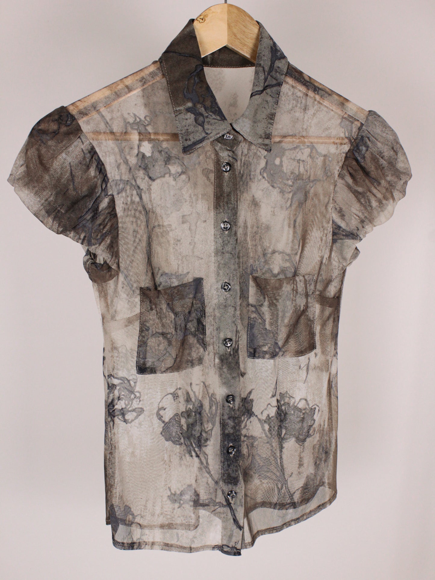 Camicia Vintage Trasparente con Stampa Floreale Grigia - Y2K