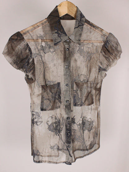 Camicia Vintage Trasparente con Stampa Floreale Grigia - Y2K